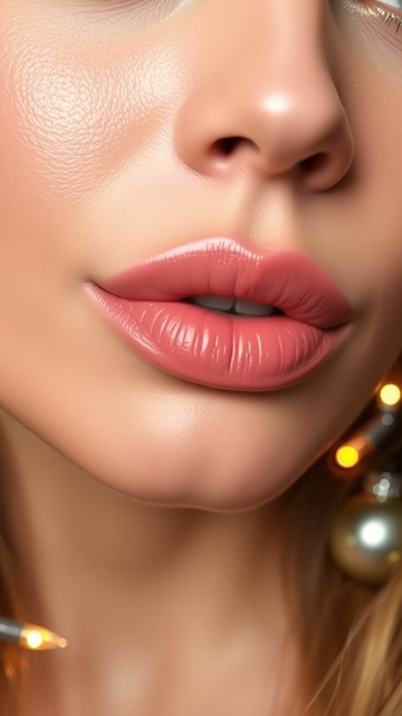 Close-up of elegant nude lip makeup with a festive background of Christmas decorations.
